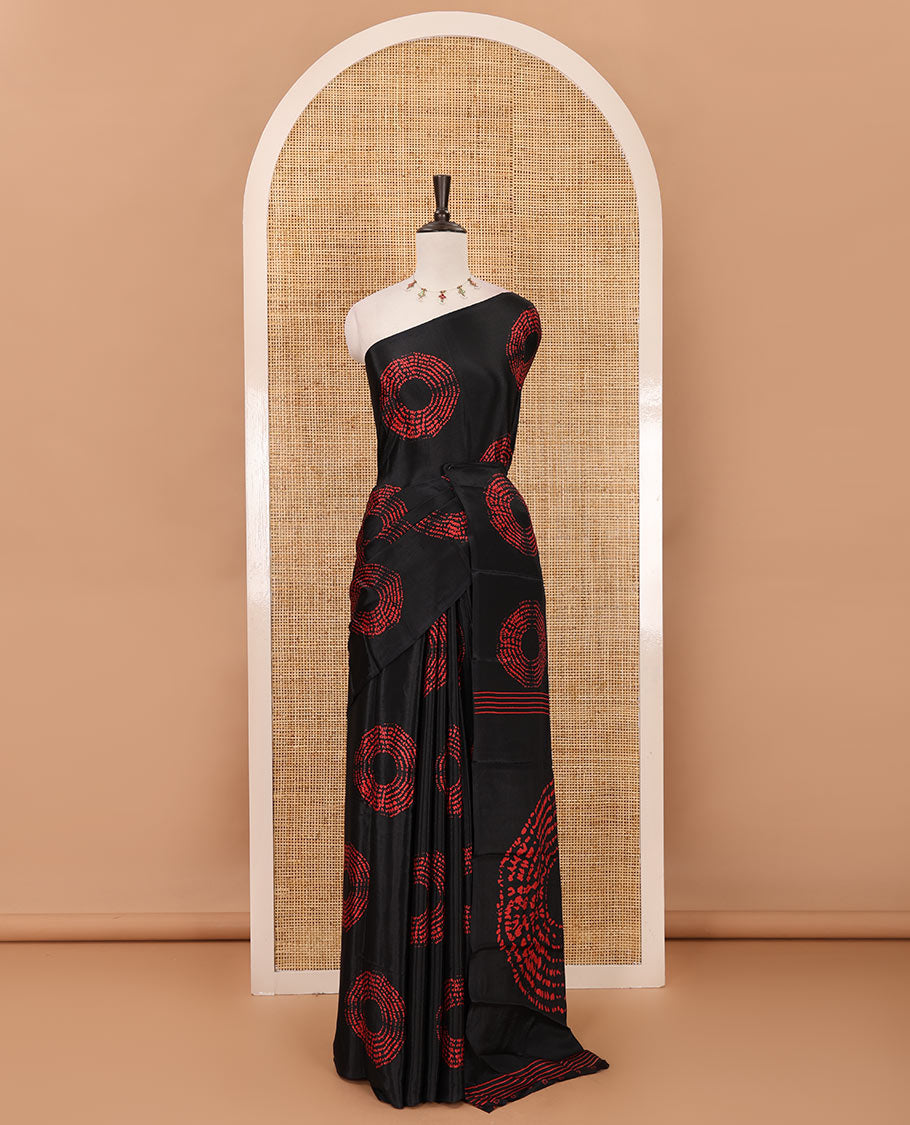 Borderless black Shibori-style circle motifs printed Turkey crepe saree, Shibori printed pallu & small buttas printed blouse