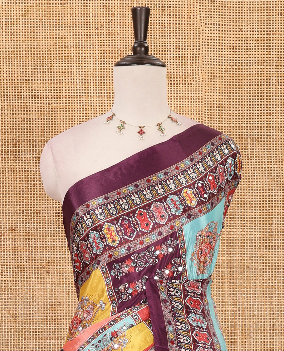 Purple geometric patterns multi-hue printed & mirror embroidered half-&-half masakali saree, printed border & pallu of embroidery work & plain blouse