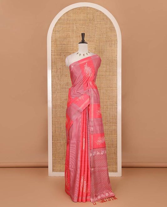 Tomato pink vertical striped & floral motifs Katan silk saree, zari piping border & pallu of yaali & jaal motifs