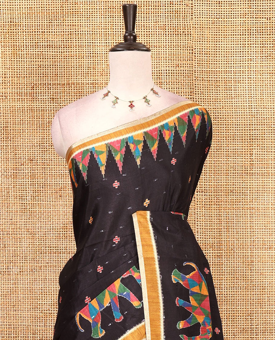 Black buttas & kaleidoscope color elephant motifs printed katan silk saree, contrast multi-hue temple motif border, ikkat geometric print pallu & contrast printed blouse