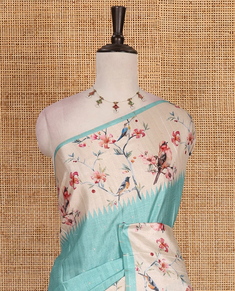 Sea green gold zari dotted buttas semi tussar saree, contrast temple border of floral vine, and sparrow motifs digital print, striped pallu, and printed blouse