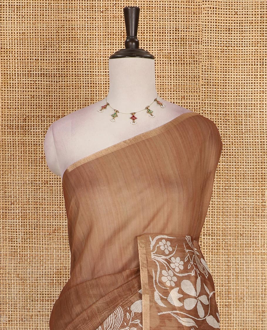 Brown plain Chanderi silk saree, floral vine, and sparrow motifs printed skirt border, and pallu, floral motifs printed blouse