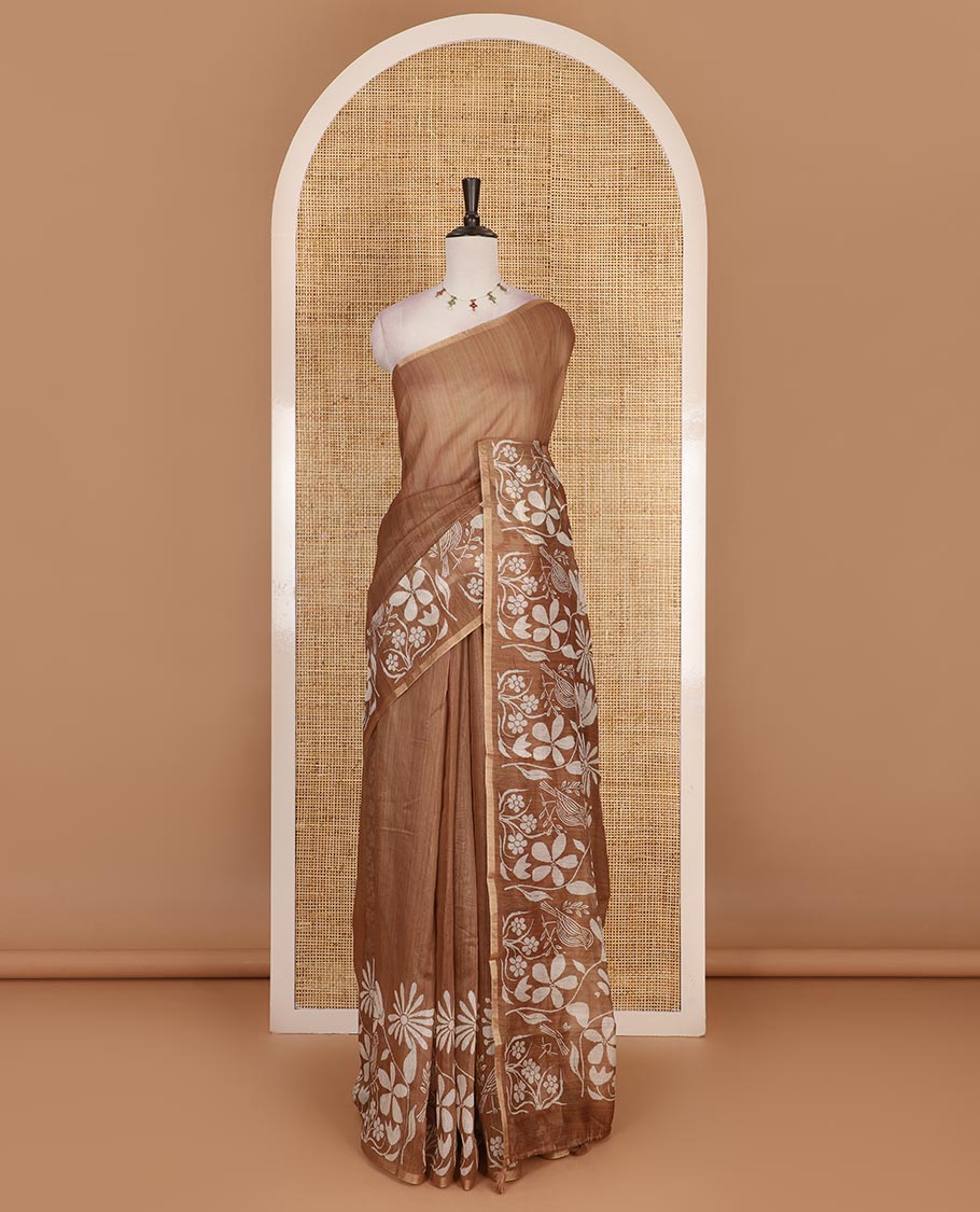 Brown plain Chanderi silk saree, floral vine, and sparrow motifs printed skirt border, and pallu, floral motifs printed blouse