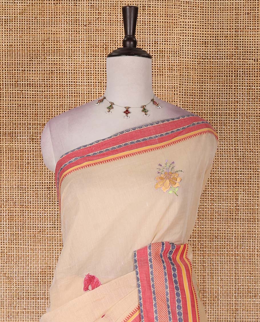 Chikku and red flora-fauna motifs thread embroidered Mangalagiri cotton saree, contrast traditional thread border, striped pallu, and contrast traditional border blouse