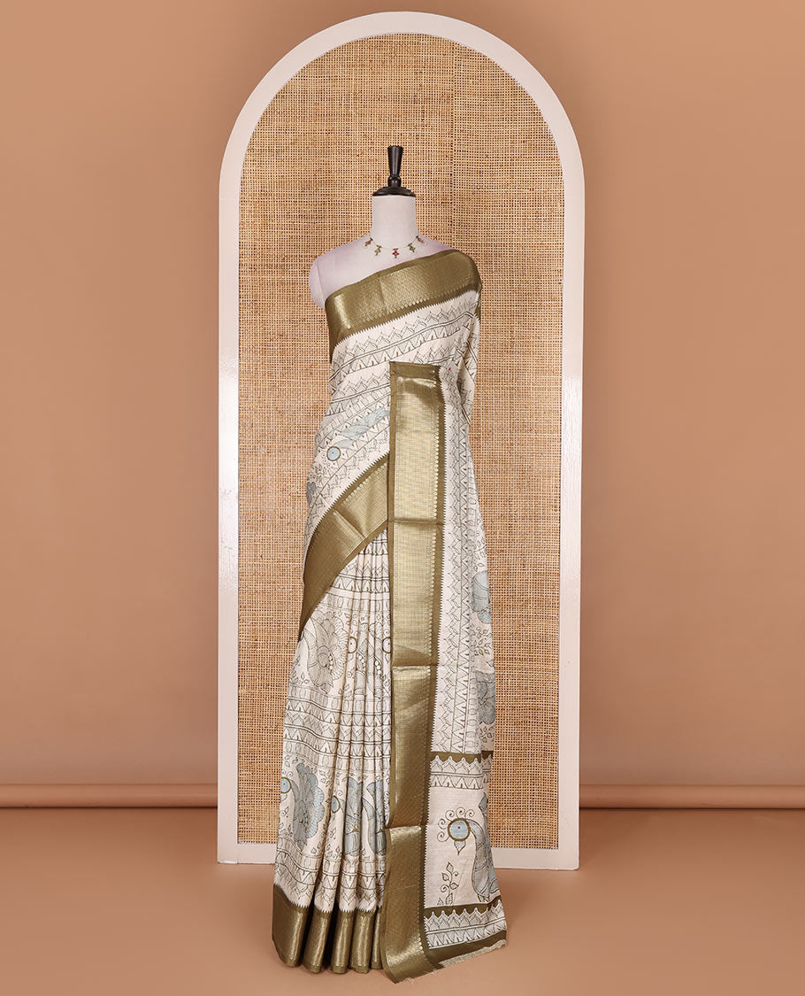 Cream-green flora, fauna, and geometric madhubani printed soft tussar saree, contrast zari border, peacock print pallu, and printed blouse