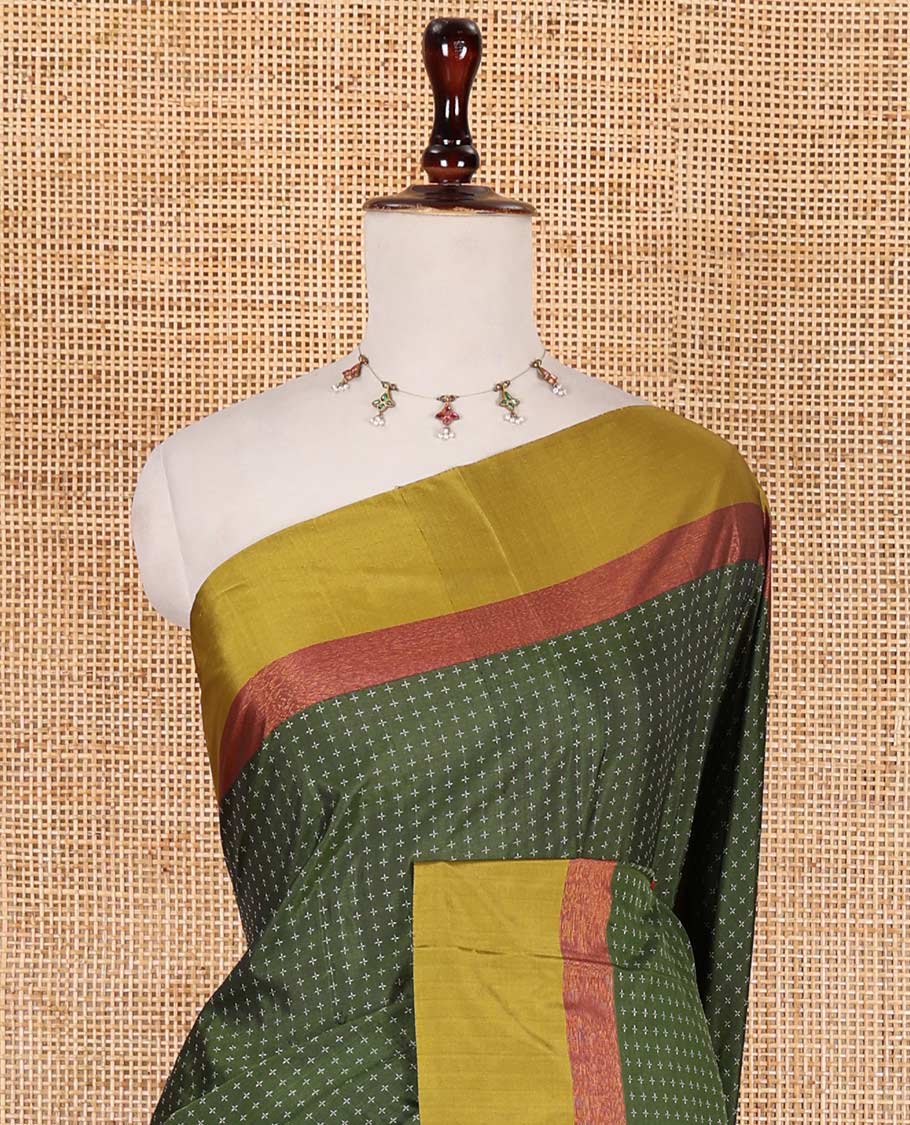 Olive green-mehendi green plus-shaped buttas steeped semi-soft silk saree, contrast satin border of stripes, striped pallu, and contrast blouse