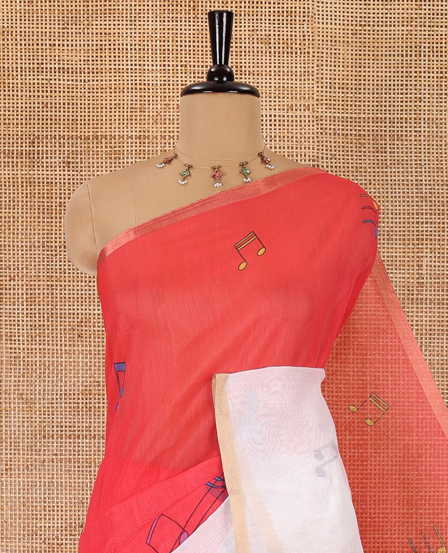 Red musical-note-motif-printed chanderi cotton saree with contrast musical-note-motif-printed piping border, and a matching blouse