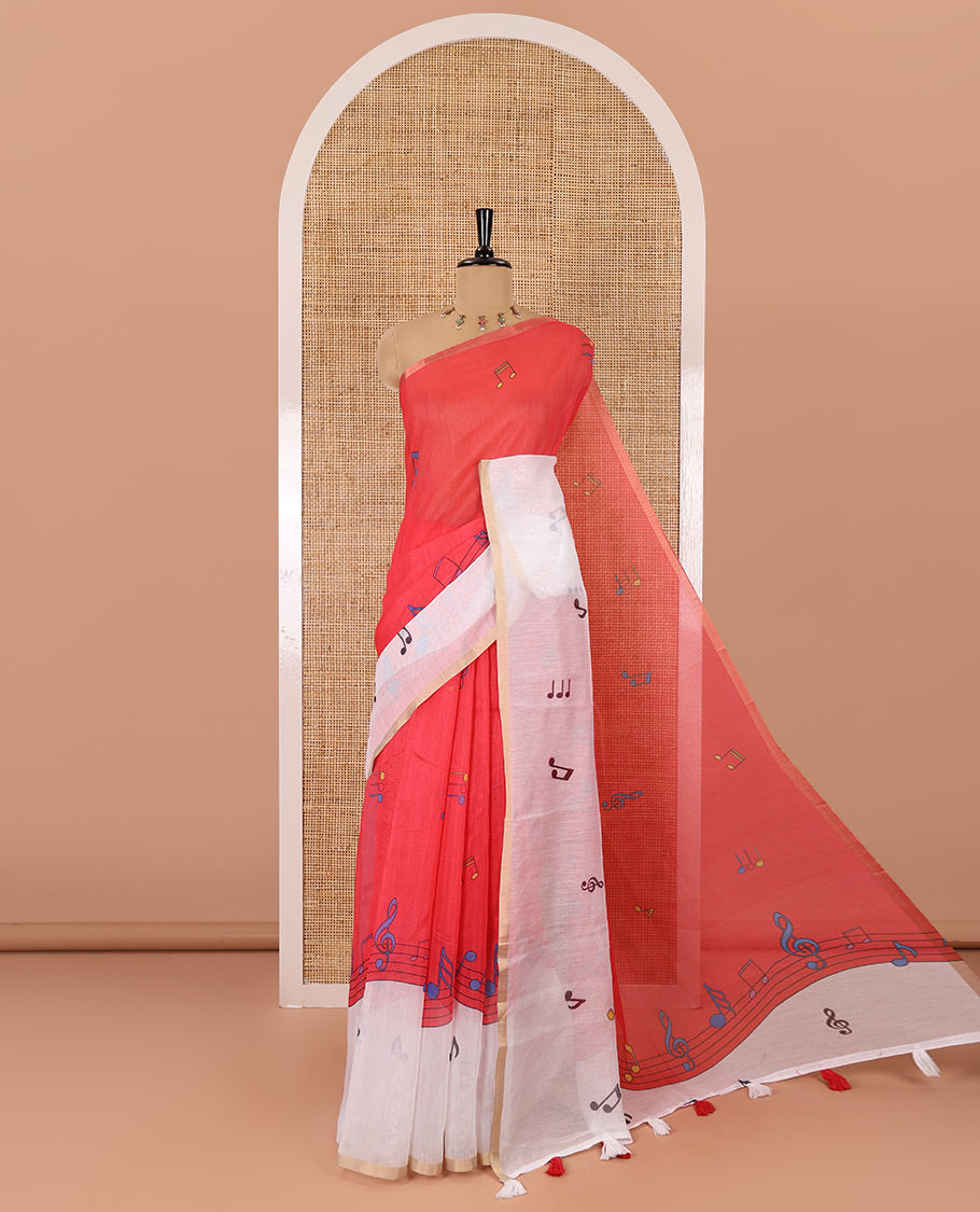 Red musical-note-motif-printed chanderi cotton saree with contrast musical-note-motif-printed piping border, and a matching blouse