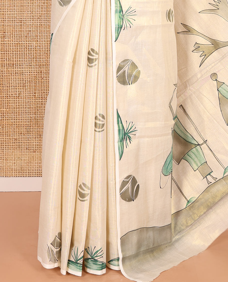 Gold-Green Kerala Cotton Saree Subtly Sparked with Handblock-Printed Motifs, Featuring a Self Pallu with Unique Motifs Handblock Prints, and Paired with a Matching Plain Blouse