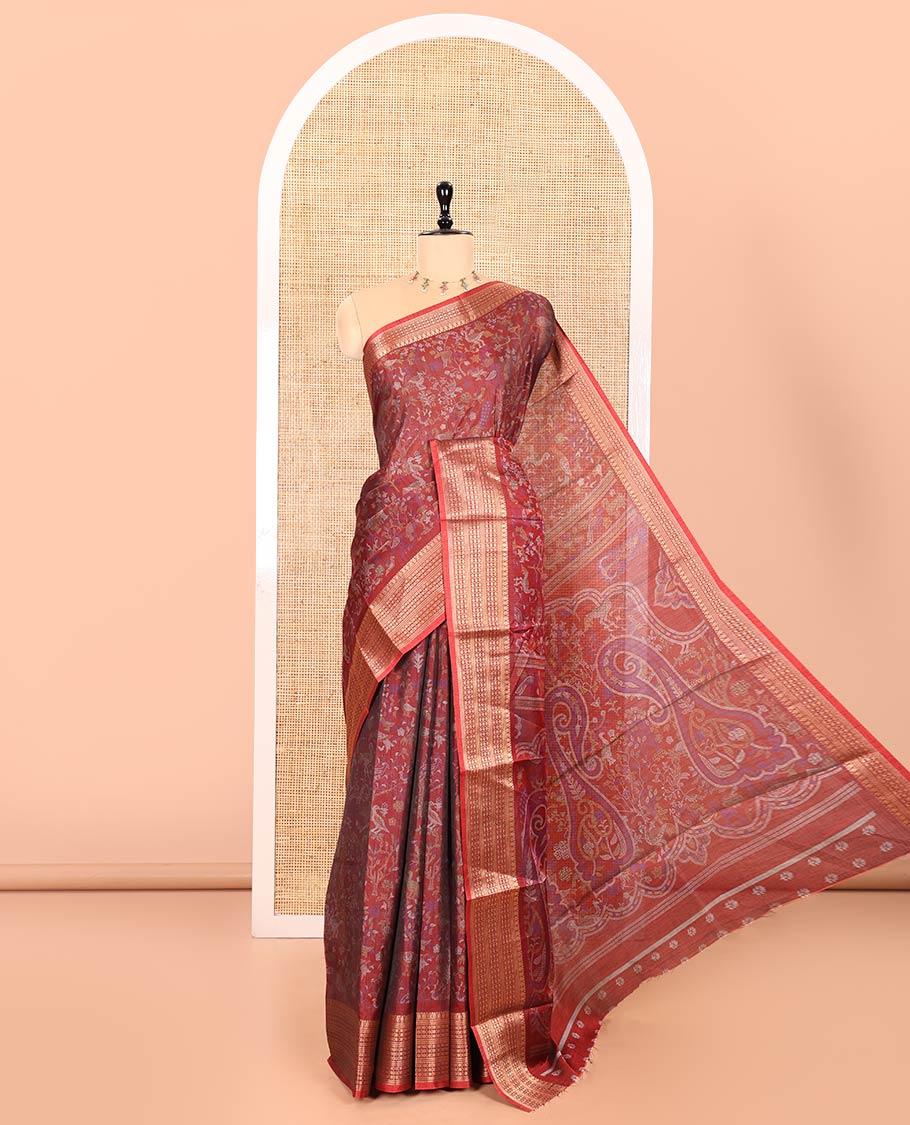 Maroon Dola Silk Saree Bedecked with Flora-Fauna Motifs Printed All Over Its Body, Highlighted by Traditional Zari Design Border, Pallu of Paisley Motifs, and Paired with a Matching Blouse