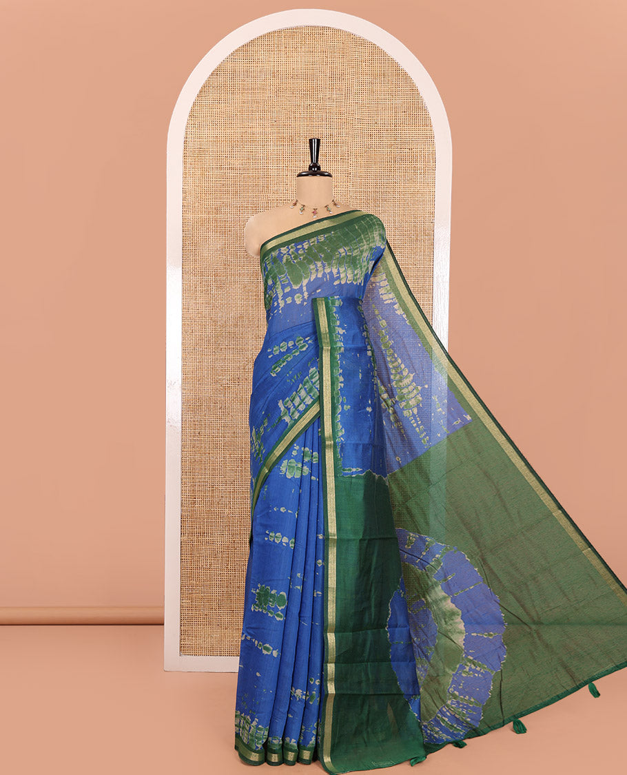 Blue Muslin Cotton Saree, Adorned with Marble-Textured Shibori Printed All Over Its Body, Subtle Piping Border, Pallu of Shibori Print, and Paired with a Contrast Blouse