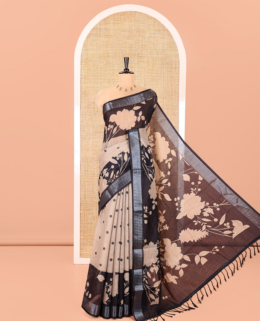 Chikku Linen Cotton Saree, Beautified with Silhouette-Style Floral Vine Printed on Its Body, Subtly Zari Bavanji Border, Pallu of Same Floral Print, and Paired with a Matching Blouse