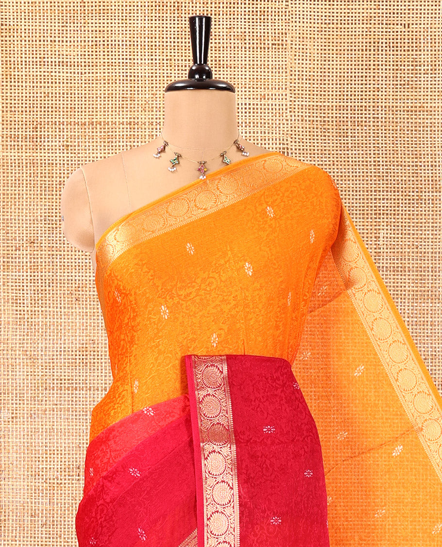 Orange and Pink Candy Chiffon Saree, Enthralled with Floral Vine Embossed, Buttas, and Ombre-Style Dyed on Its Body, Highlighted by Floral Creeper Zari Border, Intricately Designed Pallu, and Paired with a Contrast Blouse