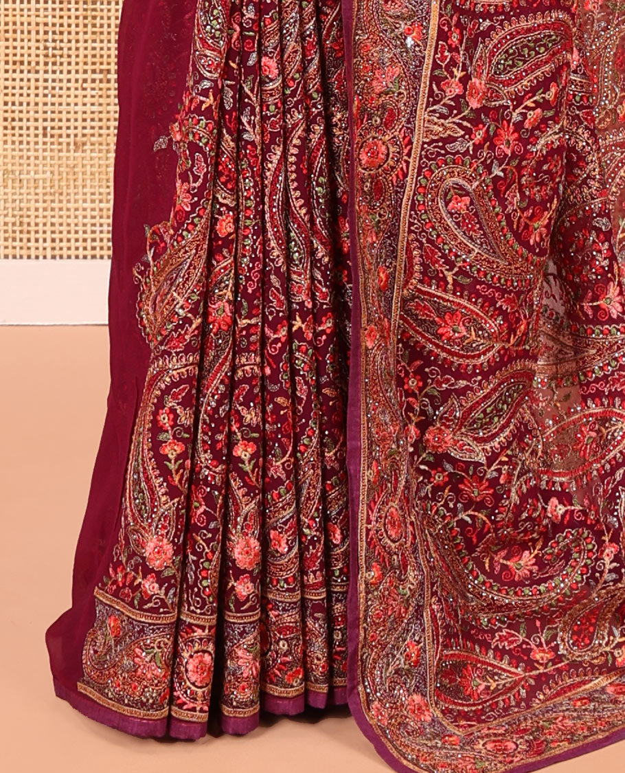 Wine Georgette Saree, Accentuated with Intricate Paisleys, Kashmir Embroidered and Stone Work on Its Body, a Self-Embroidered Border, and Paired with an Embroidered Blouse