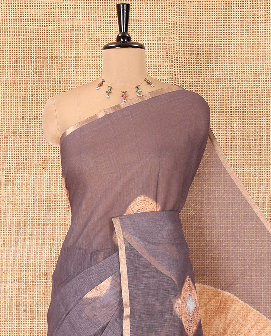 Borderless Brown Linen Cotton Saree, Showcasing Shibori Printed on Its Body, Complemented by a Shibori Printed Pallu, and Paired with a Matching Shibori Printed Blouse