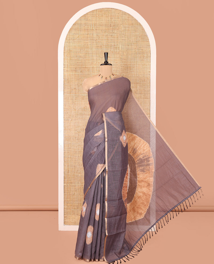 Borderless Brown Linen Cotton Saree, Showcasing Shibori Printed on Its Body, Complemented by a Shibori Printed Pallu, and Paired with a Matching Shibori Printed Blouse