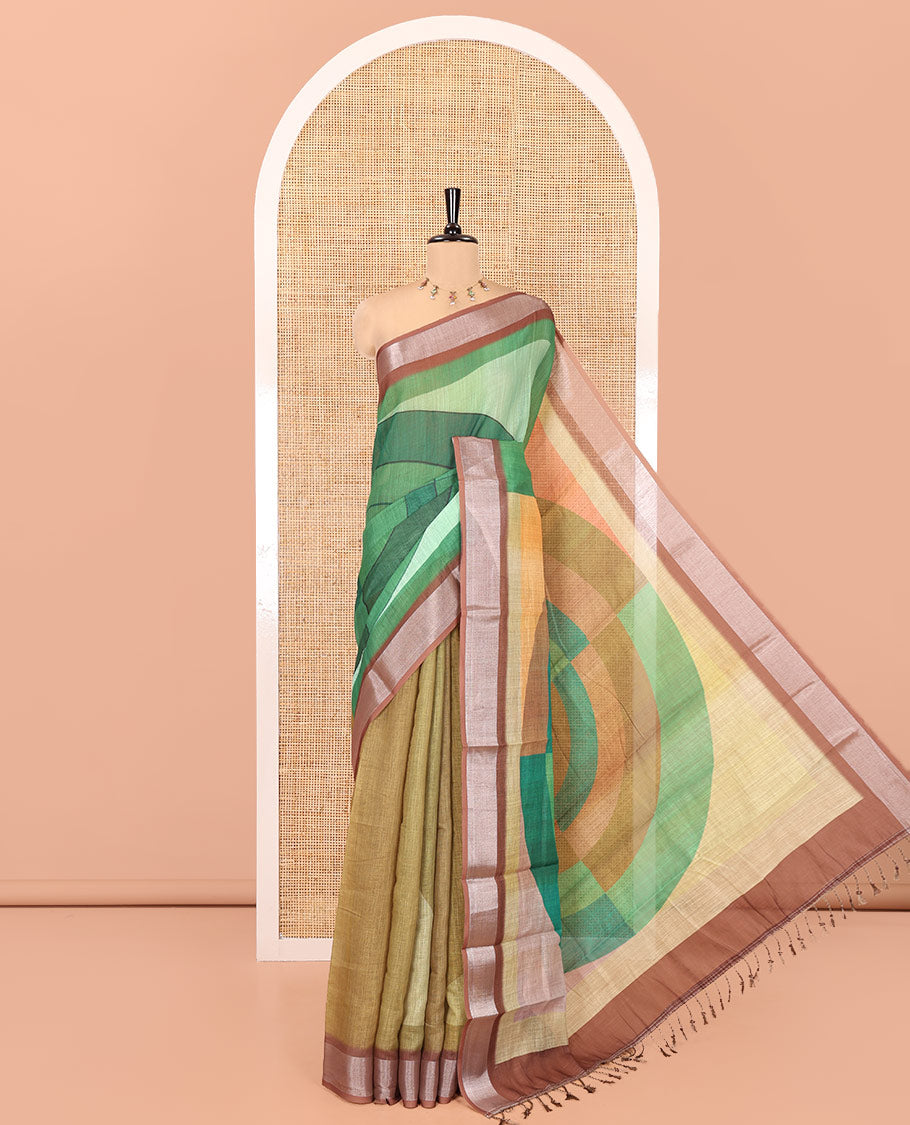 Green Linen Cotton Saree, Boldly Accentuated with Geometric Print on Its Body, Complemented by a Contrast Plain Border, a Circle-Motifs Printed Pallu, and Paired with a Contrast Blouse