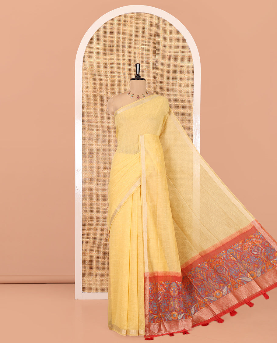 Yellow Plain Jamdani Cotton Saree, Highlighted by a Golden Zari Border, Pallu of Kashmiri-Style Weaving, and Paired with a Contrast Striped Blouse