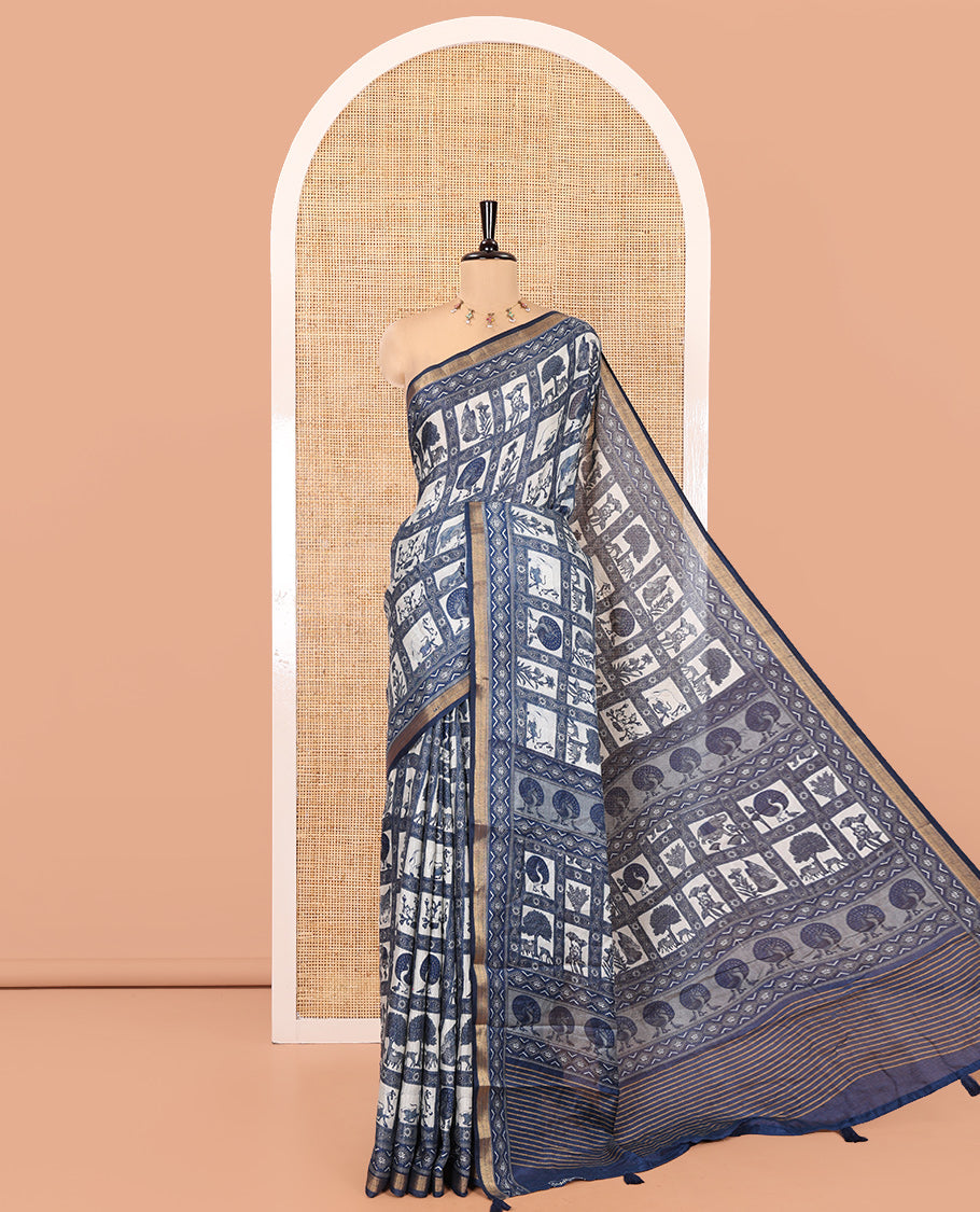 Indigo Blue Muslin Cotton Saree, Elevated with Flora-Fauna Motif Enclosed Checks on Its Body, a Subtle Zari Border, Striped Pallu, and Paired with a Matching Blouse