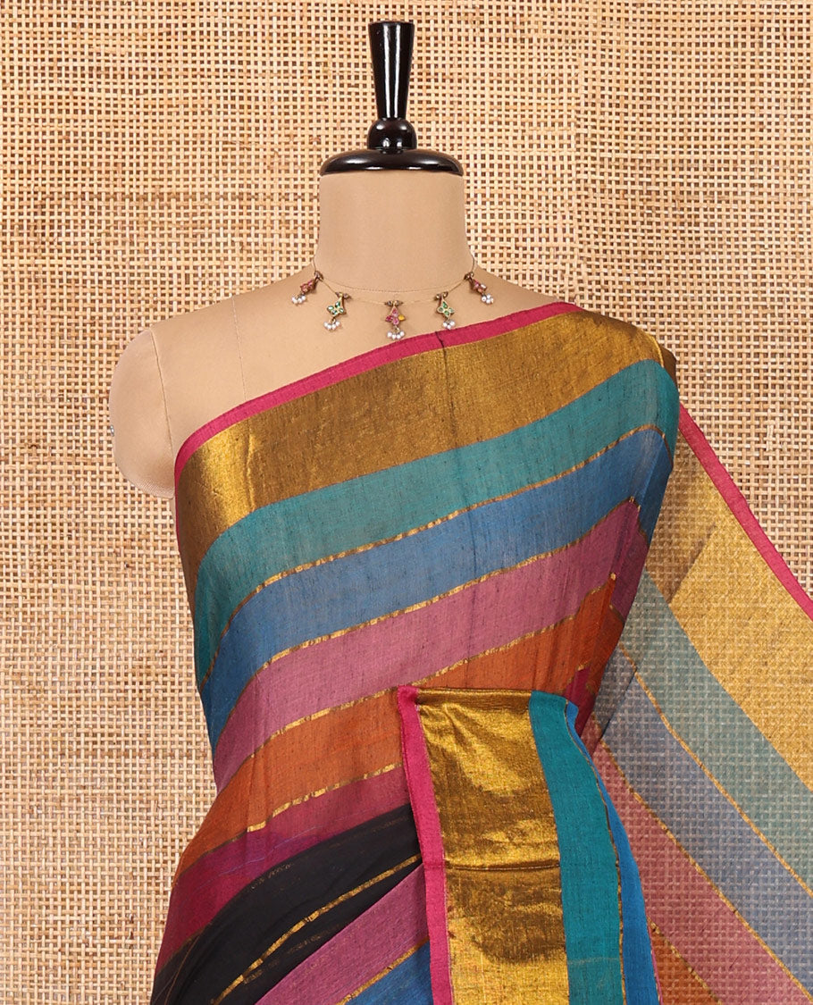 Black Khadi Mul Cotton Saree, Boldly Accentuated with Multi-Color Rainbow Stripes All Over Its Body, Highlighted by Zari Bavanji Border, a Self-Pallu, and Has No Blouse
