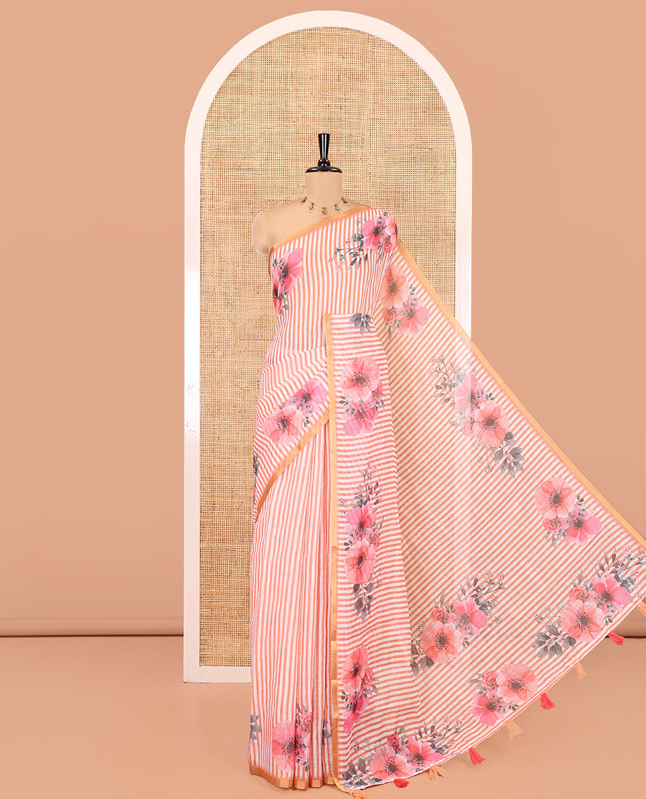 Rust Linen Cotton Saree, Subtly Sparkled With Vertical Stripes, and Floral Motifs Print, A Subtle Piping Border, Floral Printed Pallu and a Matching Blouse