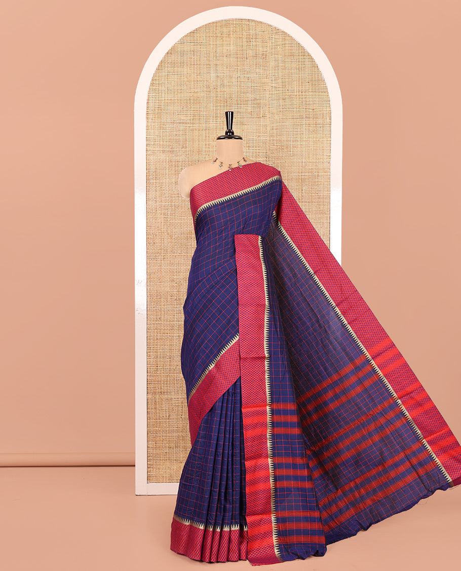 Royal Blue Checked Mercerised Cotton Saree, Contrast Temple Ara Maadam Border, Striped Pallu, and Matching Blouse