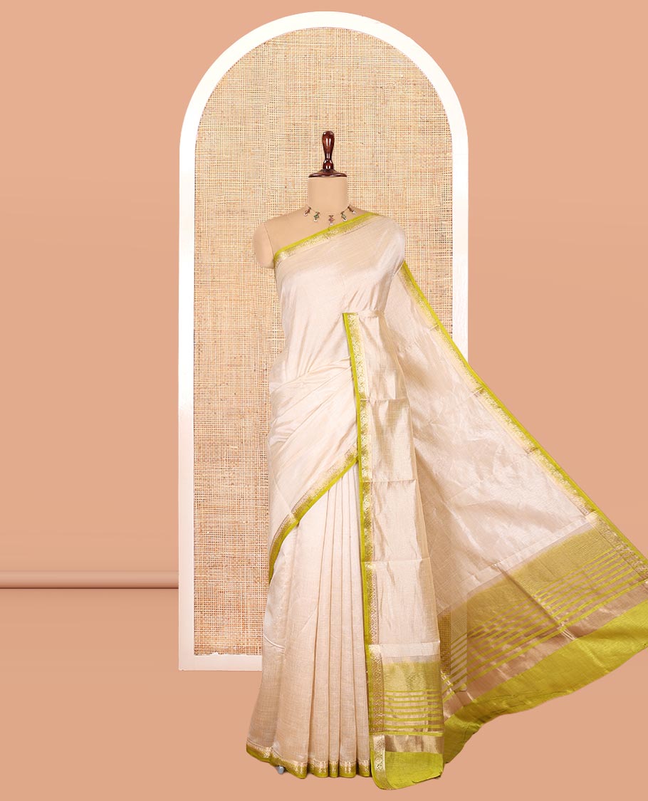 Chikku-Parrot Green Plain Semi-Tussar Saree, Complemented by Contrast Floral Creeper Zari Border, Striped Pallu and a Contrast Blouse