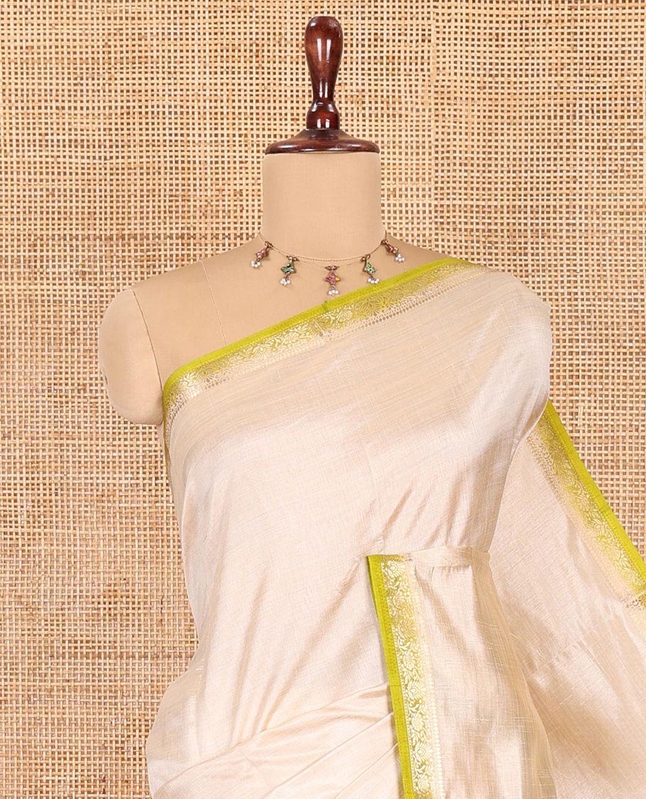 Chikku-Parrot Green Plain Semi-Tussar Saree, Complemented by Contrast Floral Creeper Zari Border, Striped Pallu and a Contrast Blouse