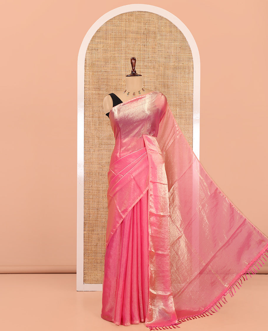 Borderless Dusky Pink Plain Fendi Chiffon Saree, a Self-Pallu, and a Matching Peacock Embroidered Blouse
