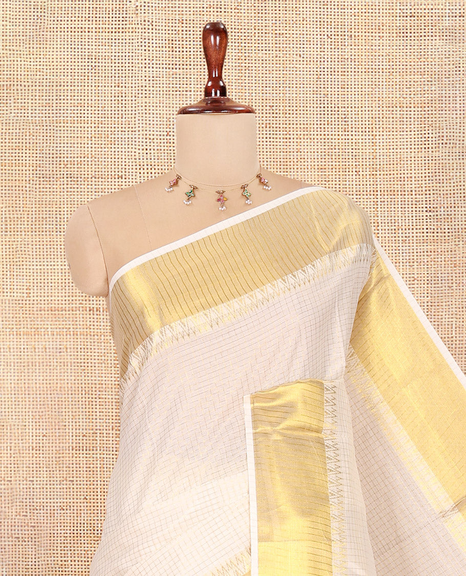 Cream Zari Checked Kerala Cotton Saree, Gleaming Zari Temple Border, Zari Striped, and a Matching Blouse