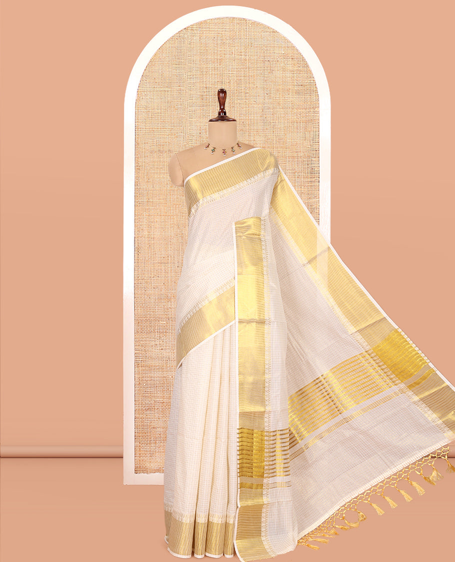 Cream Zari Checked Kerala Cotton Saree, Gleaming Zari Temple Border, Zari Striped, and a Matching Blouse