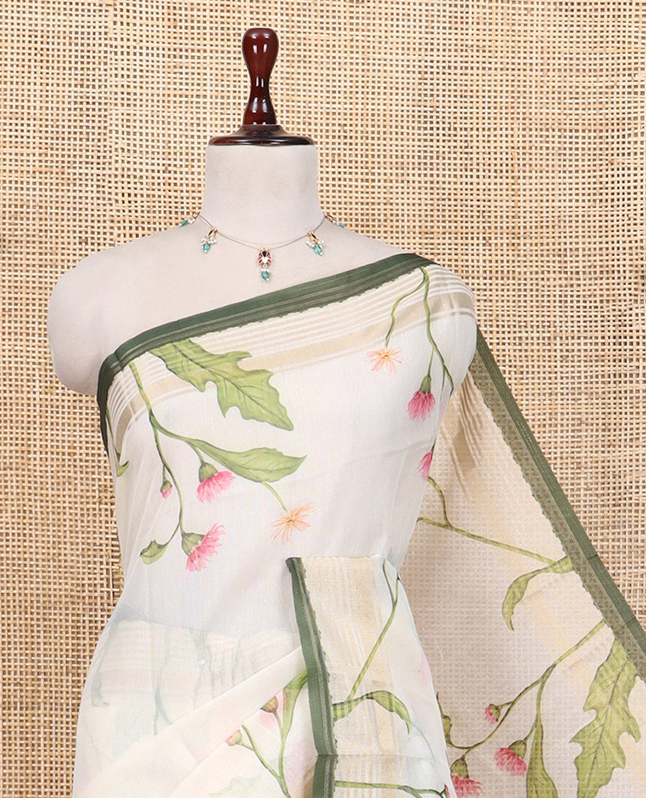 Cream Tissue Cotton Saree, Highlighted by Contrast Floral Printed Border, Floral Printed Pallu, and a Matching Blouse