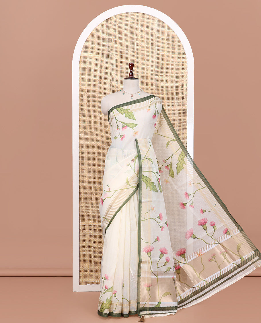 Cream Tissue Cotton Saree, Highlighted by Contrast Floral Printed Border, Floral Printed Pallu, and a Matching Blouse