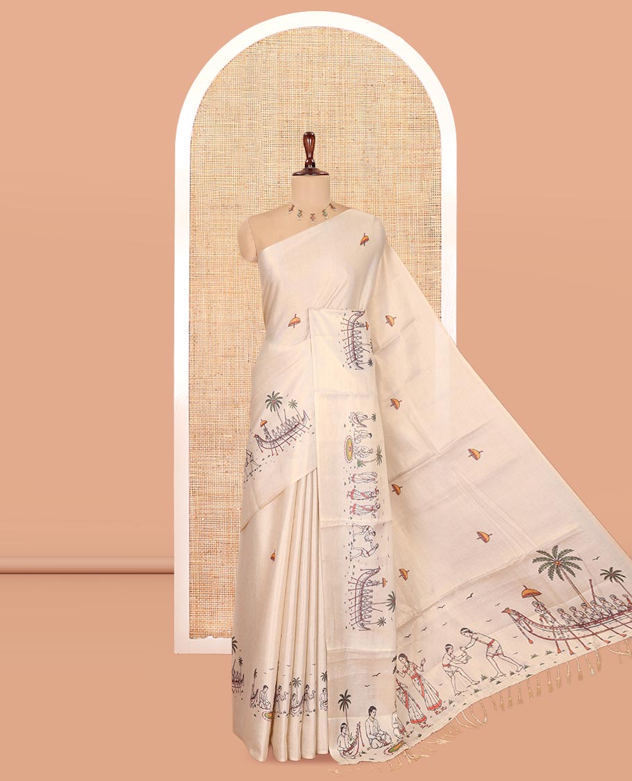 Borderless Gold Tissue Saree, Artfully Detailed with Kerala-Culture-Themed Print, and a Matching Blouse