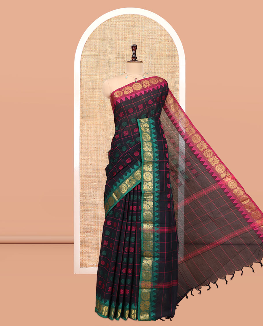 Black Chettinad Cotton Saree Features Butta Enclosed Checks, a Contrast Temple Annam-Peacock Ganga-Jamuna Border, and a Matching Blouse