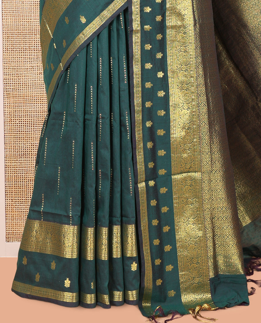 Green Kalyani Cotton Saree, Delicately Woven with Buttas, a Traditional Zari Border, Grand Pallu, and a Matching Blouse