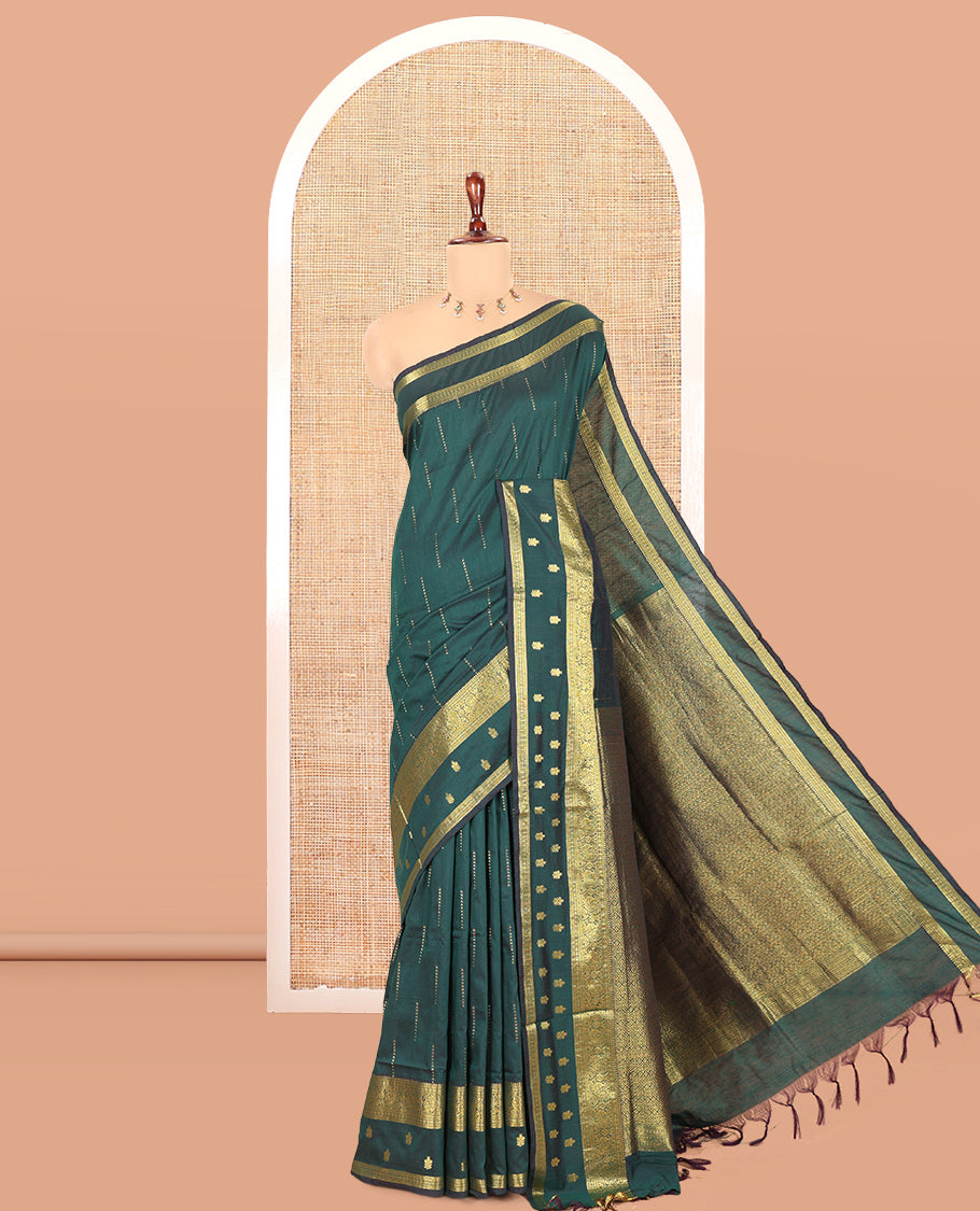 Green Kalyani Cotton Saree, Delicately Woven with Buttas, a Traditional Zari Border, Grand Pallu, and a Matching Blouse