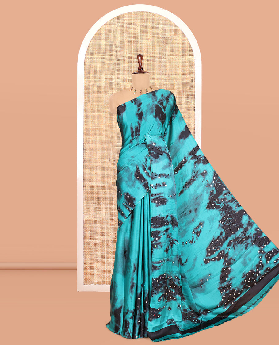 Borderless Rama Green Satin Crepe Saree, Ornamented with Shibori Print and Mirror Work, a Matching Blouse