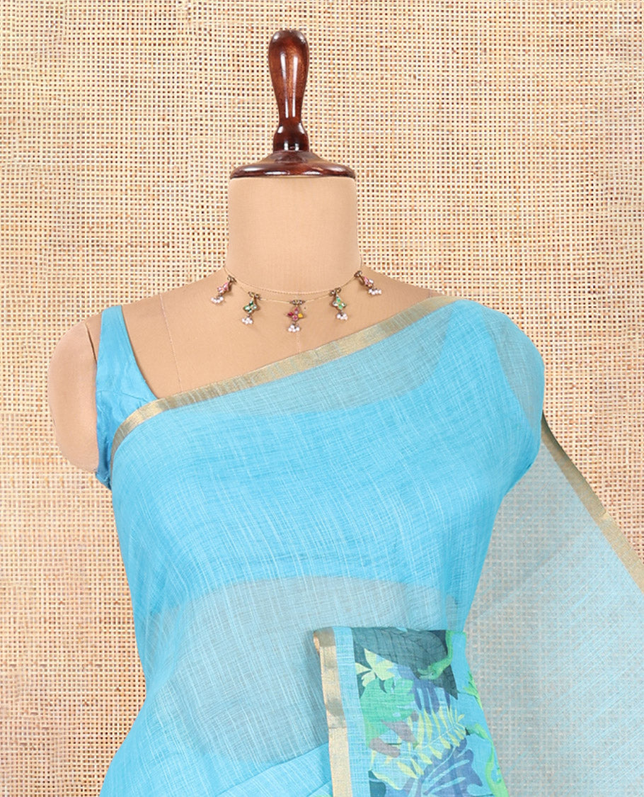 Sea Blue Plain Linen Cotton Saree
