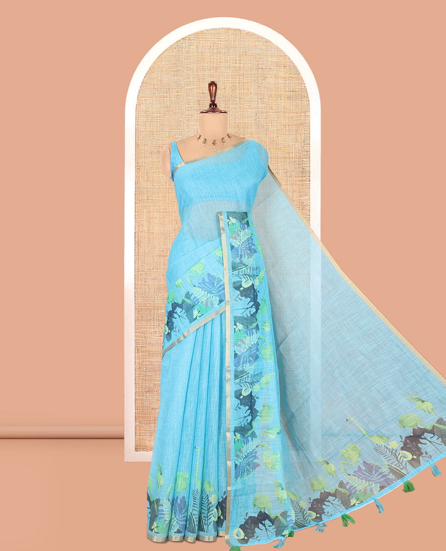 Sea Blue Plain Linen Cotton Saree