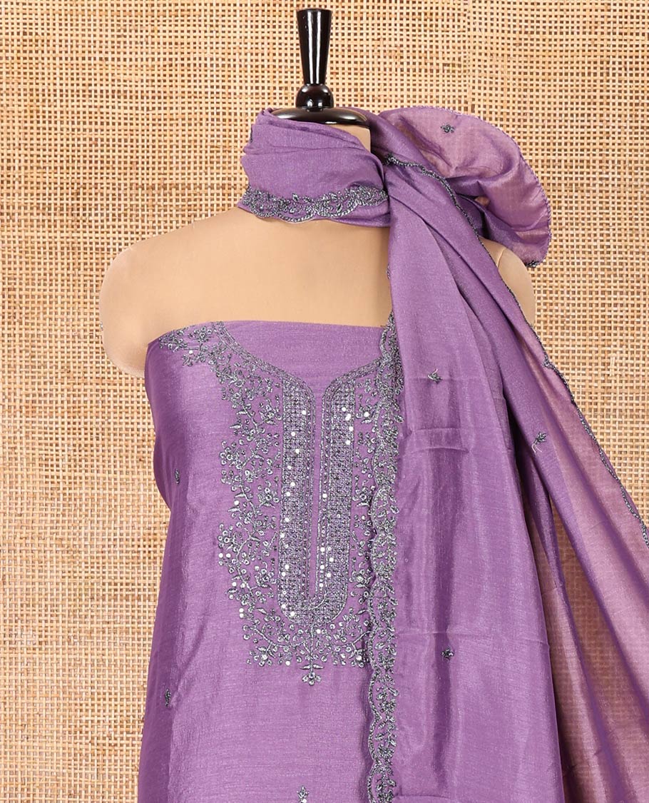 Lavender Vichitra Silk Material Chudidar Set, Sparsely Woven with Embroidered Top, a Plain Santoon Bottom, and Paired with a Matching Vichitra Silk Embroidered Scallop Dupatta