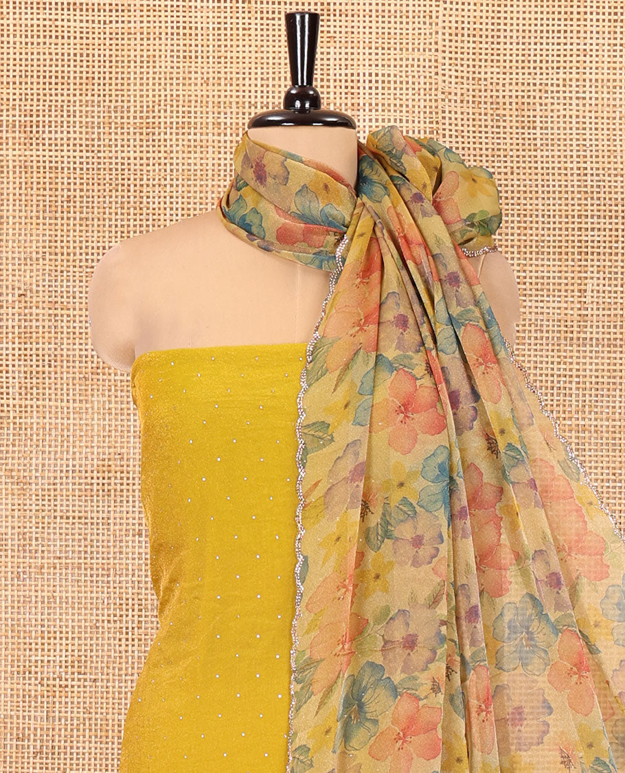 Yellow Moss Organza Material Chudidar Set, Gleamed Up with Stonework Top, a Plain Santoon Bottom, and Paired with Floral Print and Scallop Stonework Dupatta