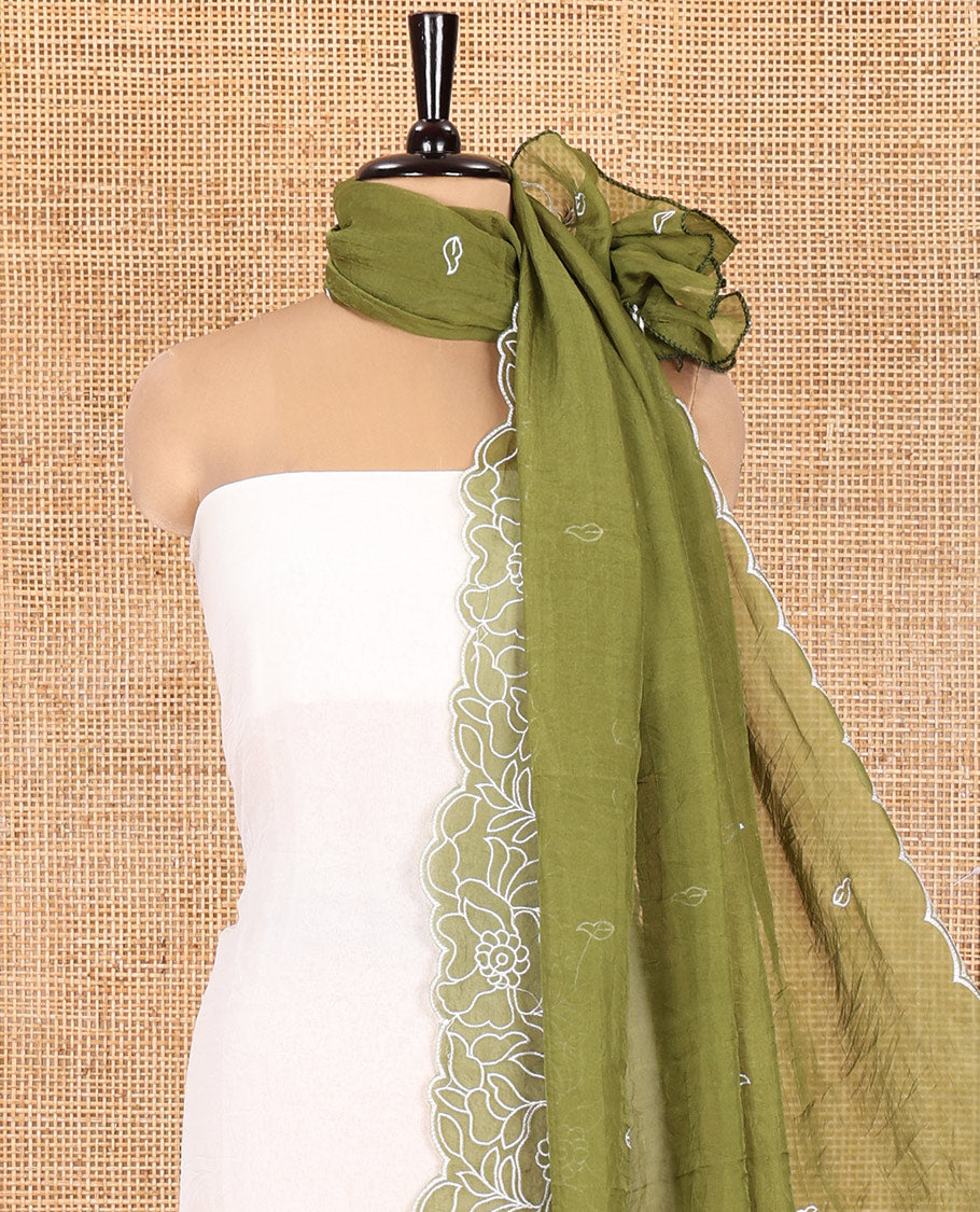 Cream-Green Organza Material Chudidar, Floral Thread Embroidery Top, Contrast Bottom, and Embroidered Scallop Dupatta