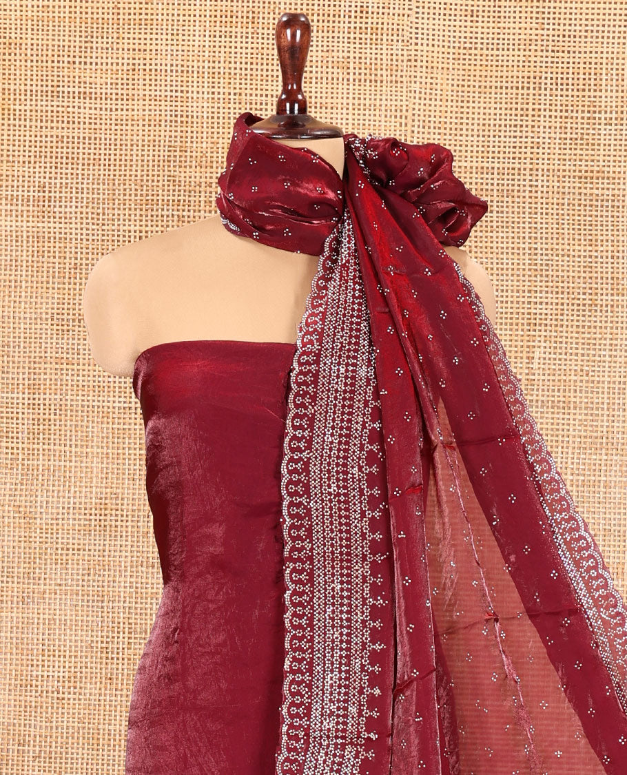 Wine Fendi Organza Material Chudidar Fetaures Pom-Pom-Neckline Top, Plain Bottom, and Scallop Embroidered Dupatta