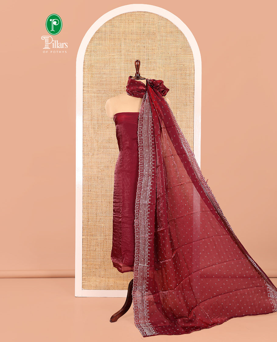 Wine Fendi Organza Material Chudidar Fetaures Pom-Pom-Neckline Top, Plain Bottom, and Scallop Embroidered Dupatta