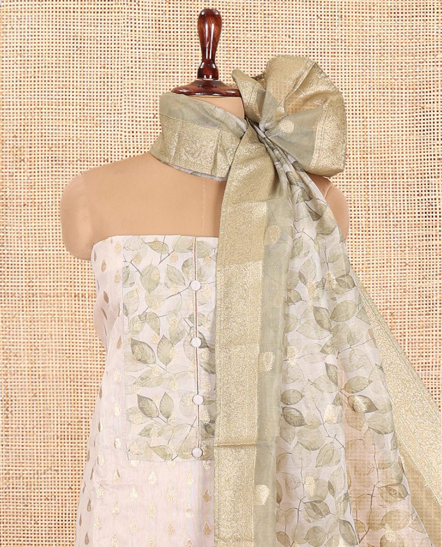 Cream-Pista Banarasi Tissue Chanderi Material Chudidar, Buttas Top, Contrast Bottom, Floral Print Dupatta