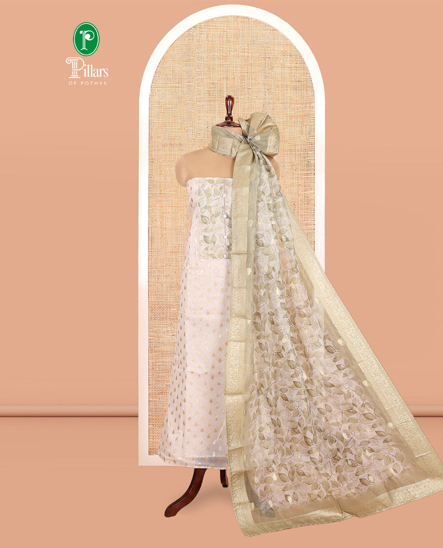 Cream-Pista Banarasi Tissue Chanderi Material Chudidar, Buttas Top, Contrast Bottom, Floral Print Dupatta