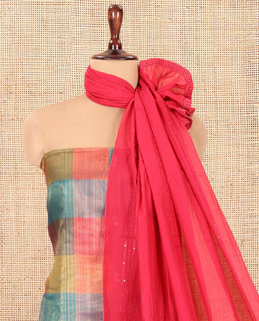 Multi-Color Shimmer Tissue Material Churidar, Enthralled with Madras Checks Neckwork Top, a Contrast Bottom, Sequins Striped Dupatta
