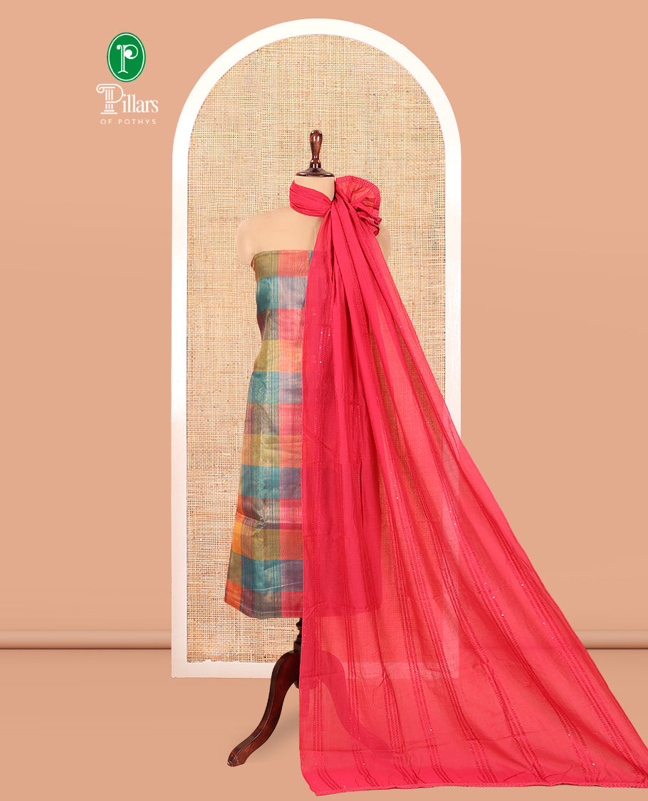 Multi-Color Shimmer Tissue Material Churidar, Enthralled with Madras Checks Neckwork Top, a Contrast Bottom, Sequins Striped Dupatta