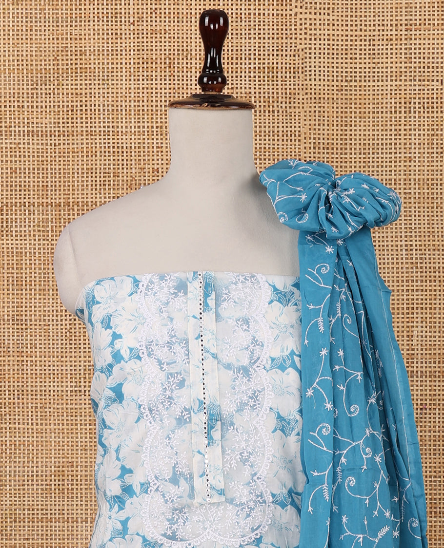 Blue cotton chudidar material set,floral print with daman floral neck embroidery top,plain bottom & floral jaal embroidery dupatta
